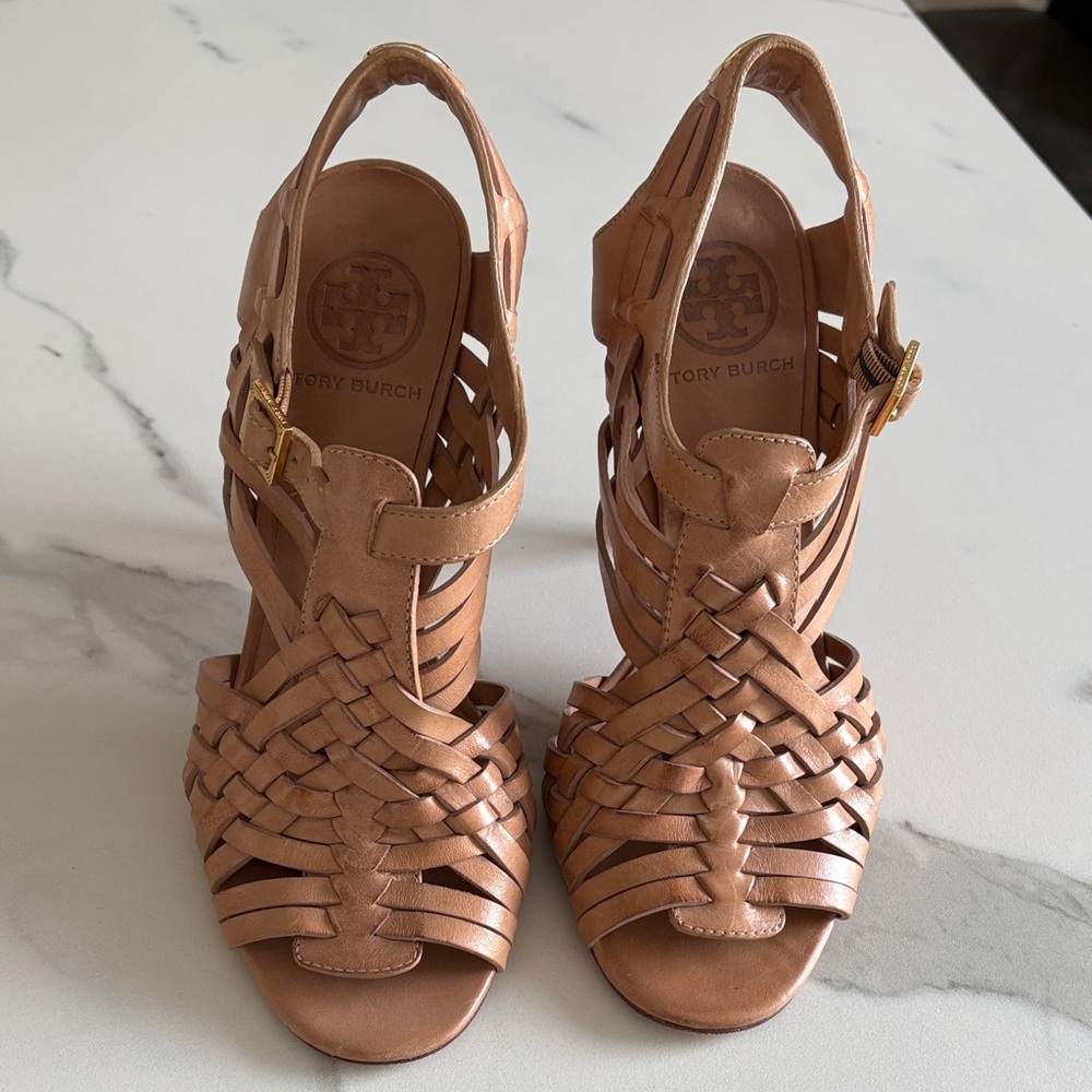 Tory Burch Woven Leather Slingback Sandals in Tan Brown